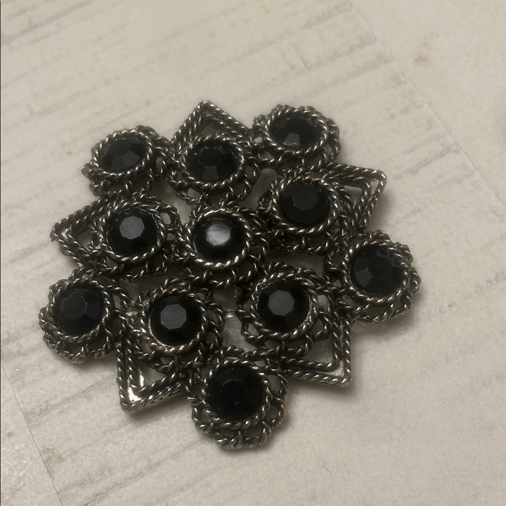 Vintage Silver tone and Black Rhinestone Statement Pin Brooch